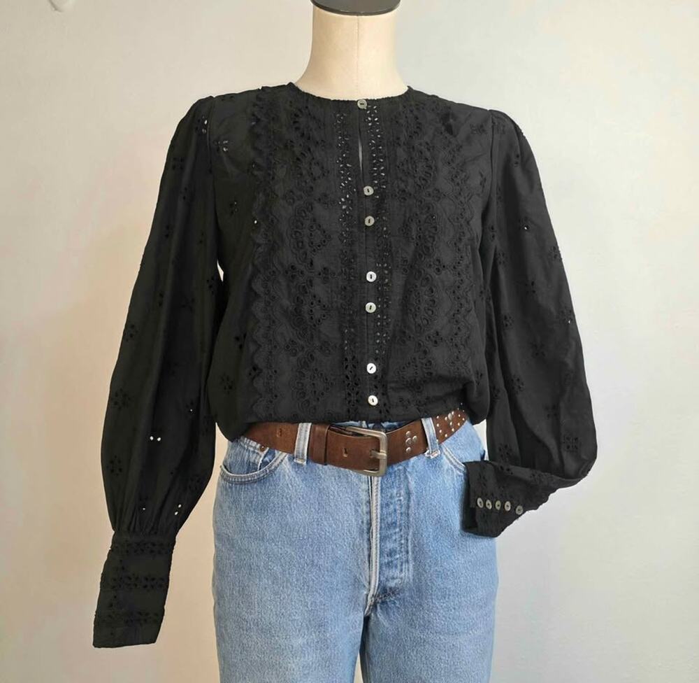 Cottagecore Eyelet Blouse Black Victorian Prairie Puff Sleeve Small Cotton
